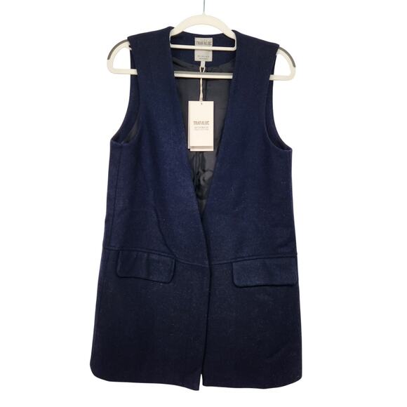 NWT Zara Trafaluc Navy 100% Wool Long Cardigan Vest Women's S - Picture 1 of 12